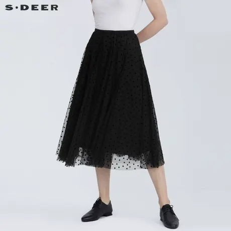 sdeer圣迪奥女装夏季半身裙高级感松紧网纱拼接印花长裙S21281143图片