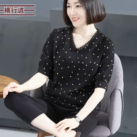 V领宽松碎花短袖2025夏装雪纺衫宽松黑色大码妈妈装外穿洋气小衫图片