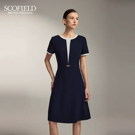 Scofield女装简约优雅拼接连衣裙荷叶裙边马衔扣链饰2025夏季新品图片
