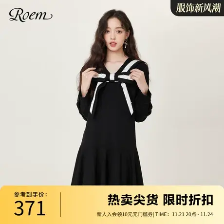 Roem秋冬 商场同款时尚浪漫海军领针织连衣裙荷叶边裙摆长袖裙图片