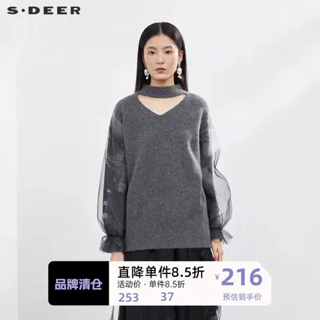sdeer圣迪奥女装罗纹圆领镂空网纱长袖针织衫S224Z3524图片