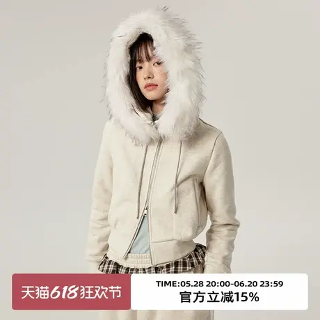 omont蛋挞家复古仿貉子毛领连帽开衫卫衣冬季修身长袖短外套图片