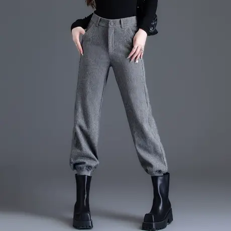 品牌加绒加厚裤子2023新款灰色毛呢裤女秋冬流行九分裤束脚灯笼裤图片