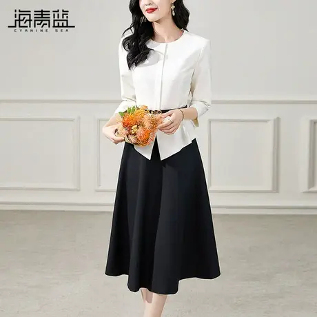 海青蓝气质优雅假两件连衣裙2024春装新款女神范高级感西装裙女图片