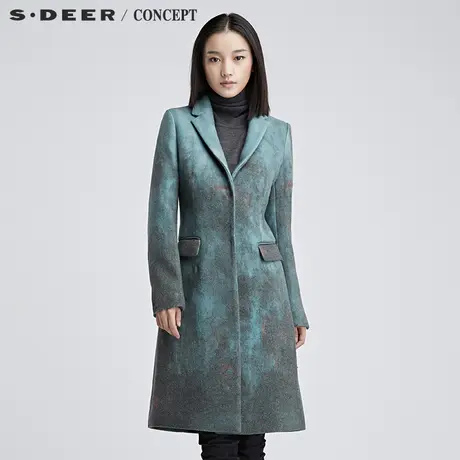 sdeer圣迪奥女2018冬装灰蓝纵横涂抹晕染长款毛呢大衣S16481794图片
