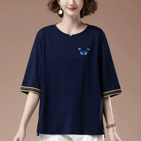 加肥加大码短袖t恤女春夏七分袖宽松中年妈妈纯棉休闲中袖体恤女图片