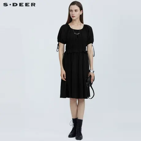 sdeer圣迪奥夏简约圆领松紧抽褶系带短袖连衣裙S21261251图片