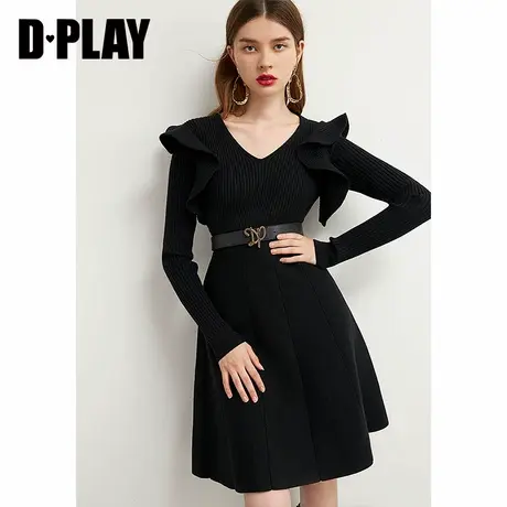 DPLAY德帕拉秋冬黑色V领木耳边长袖大摆针织连衣裙图片