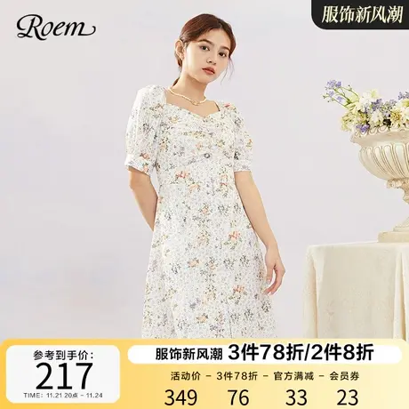 Roem商场同款碎花连衣裙新款泡泡袖连衣裙小清新甜美方领印花裙女图片