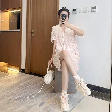 大码茶歇风镂空短袖连衣裙女夏季胖mm显瘦遮肉小裙子娃娃领减龄图片