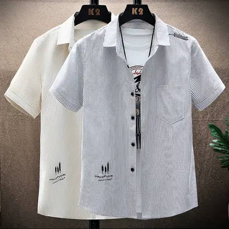 2025新款夏季韩版潮流青年条纹休闲衬衣男士上衣服帅气短袖衬衫男图片