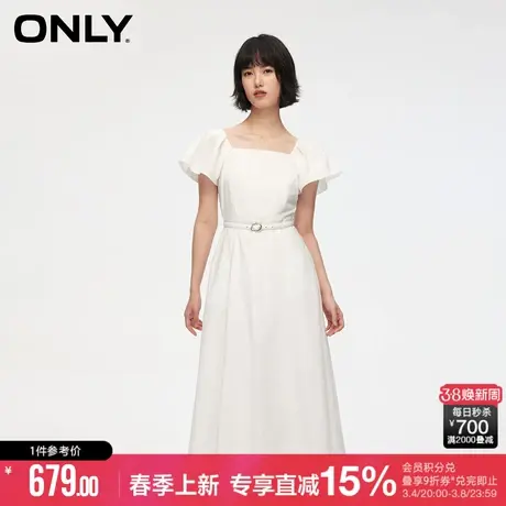 ONLY2024春季新款可爱小飞袖纯色收腰中长款连衣裙女|124107059图片