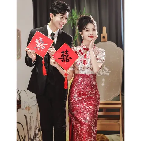 修身新中式敬酒服新娘2024新款结婚高级感订婚礼服女夏季红色旗袍图片