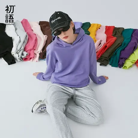 初语年新款潮ins休闲套头加绒厚帽衫宽松紫色连帽卫衣女春季图片