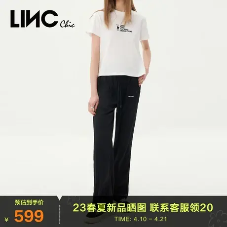 LINC金羽杰2023夏秋季新款弹力橡筋抽绳休闲宽腿长裤女S232PA132Y图片