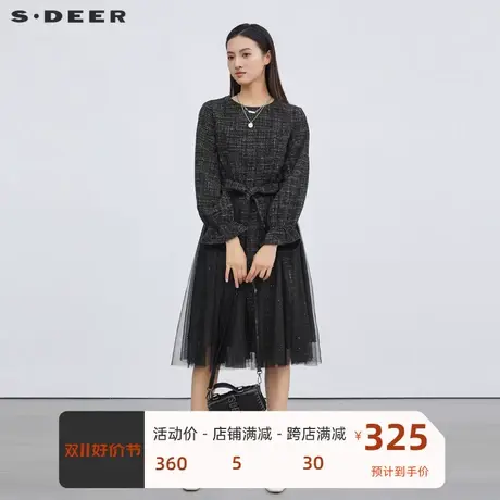 sdeer圣迪奥女装圆领格纹收腰网纱长袖连衣裙S223Z12CX图片