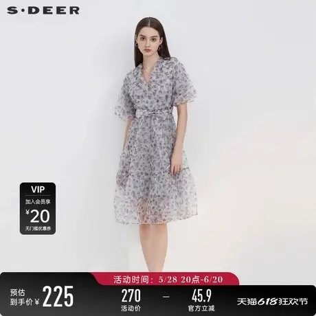 sdeer圣迪奥碎花连衣裙夏季女长裙V领收腰泡泡袖茶歇裙S223Z120E图片