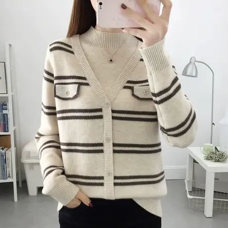 假两件一体绒加绒加厚毛衣女2024冬季新款条纹宽松保暖针织衫洋气图片