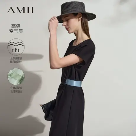 Amii2025夏新款极简通勤职业纯色空气层圆领修身中长弹力连衣裙图片