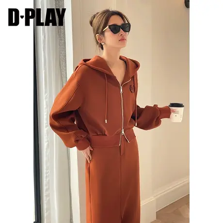 DPLAY2023新美拉德慵懒休闲套装焦糖色定制刺绣宽松拉链连帽卫衣图片