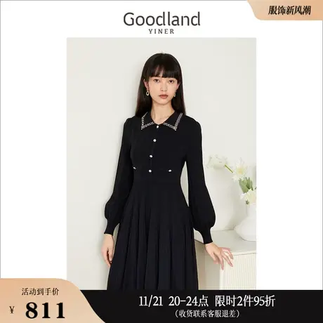 【小黑裙】Goodland美地女装秋季赫本风收腰灯笼袖polo连衣裙图片