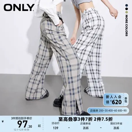 ONLY奥莱夏季简约显瘦高腰格纹轻薄直筒休闲裤女图片