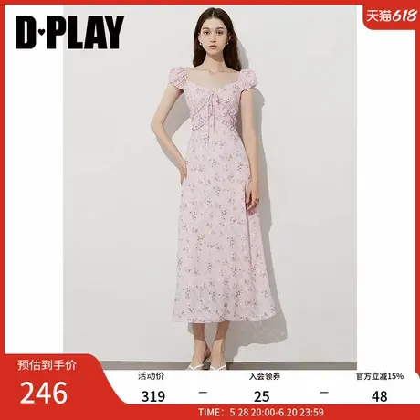 DPLAY2025年夏季新款紫色印花泡泡袖连衣裙V领木耳边度假风长裙图片