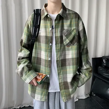 港风格子衬衫男士夏季薄款宽松休闲外套男装潮牌潮流学生长袖衬衣图片