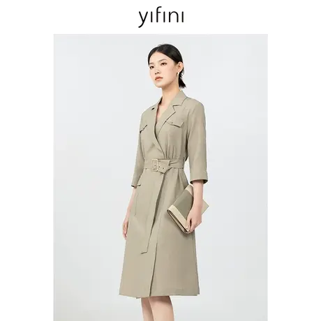 Yifini/易菲七分袖西装领衬衫裙连衣裙女春秋新款气质通勤图片