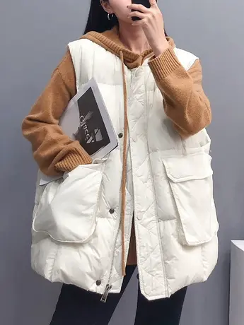 慵懒风大口袋立领羽绒棉马甲女2023新款宽松坎肩百搭时尚马夹外套图片
