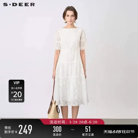 sdeer圣迪奥女淡人穿搭田园风圆领收腰花边泡泡袖连衣裙S242Z12G2图片