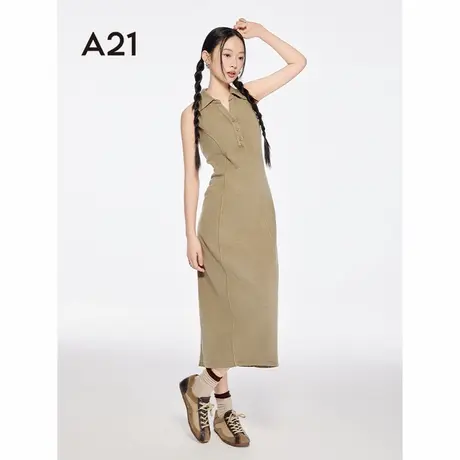 A21女装无袖露肩连衣裙2025夏季新款ins风开叉长裙高腰翻领A字裙图片