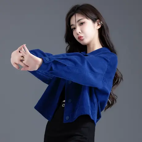 克莱因蓝灯芯绒外套女秋冬款2023新款小个子加厚条绒短款休闲上衣图片