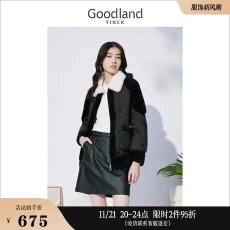 Goodland美地女装冬季羊毛领短款蝴蝶绣花保暖加厚白鸭绒羽绒服图片