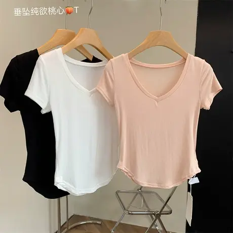 2023年春夏季新款韩版基础百搭白色V领短袖修身T恤女小个子穿搭图片