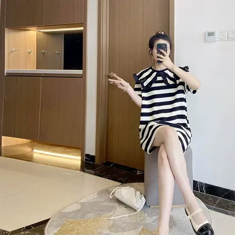 胖mm微胖遮肚子减龄夏装高端娃娃领夏季条纹大码连衣裙2024新款女图片
