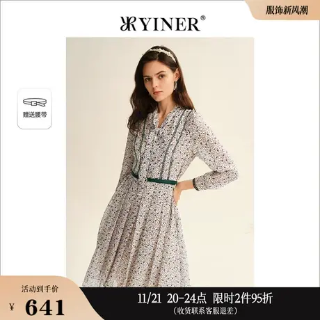 YINER音儿专选女装秋季时尚长袖雪纺碎花连衣裙图片
