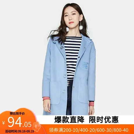 艾格2023春季女装新品羊毛纯色简约翻领连帽中长款毛呢大衣Y88图片