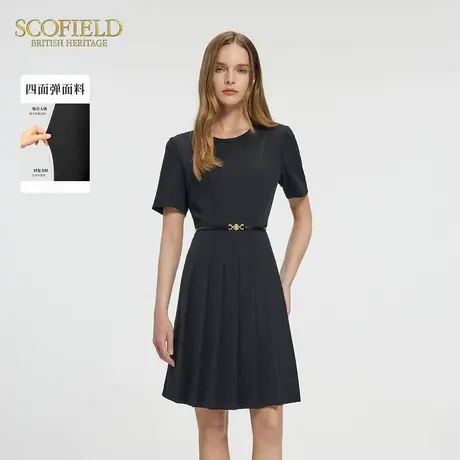 Scofield女装法式职场通勤小黑裙缎面拼接百褶连衣裙2025夏季新款图片
