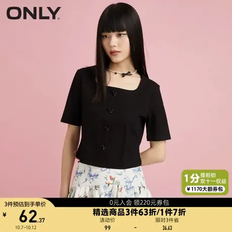 ONLY奥莱夏季短款修身蝴蝶结法式复古方领T恤女图片
