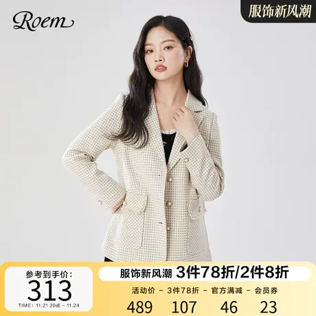 Roem商场同款气质格纹毛呢西装春秋新款宽松西装粗毛呢外套图片