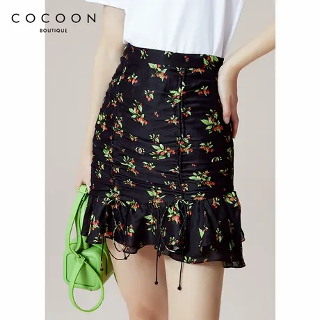COCOON商场同款抽褶裙子2024夏季新款女装气质设计感碎花半身裙图片
