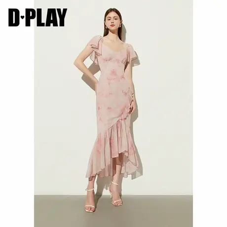 DPLAY夏季气质度假粉色连衣裙女荷叶边海边沙滩裙雪纺长裙商品大图