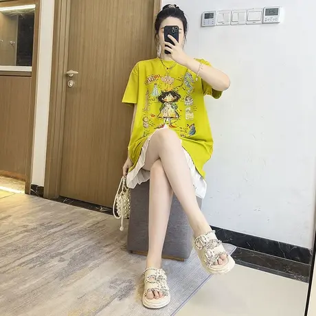 2025夏季减龄休闲印花设计拼接短袖T恤裙大码胖妹妹遮肚子连衣裙图片