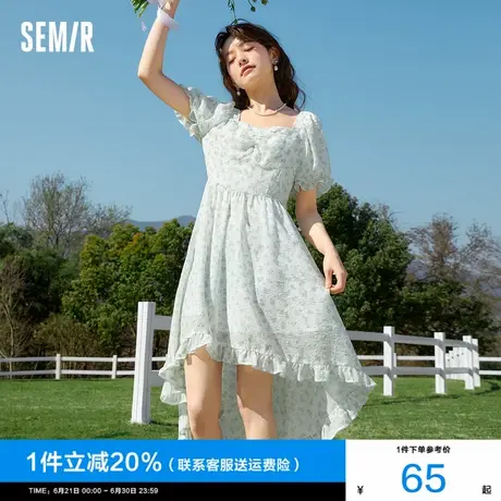 森马连衣裙女2024夏季新款方领泡泡袖小个子小清新裙子茶歇碎花裙图片