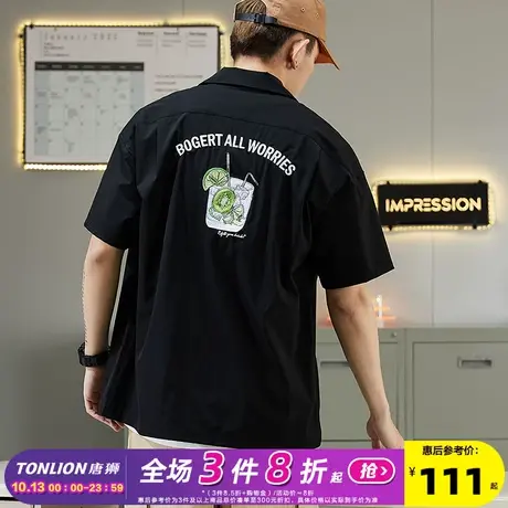 唐狮2022夏季新款短袖衬衫后背印花短袖衬衫休闲男士衬衣宽松复古商品大图