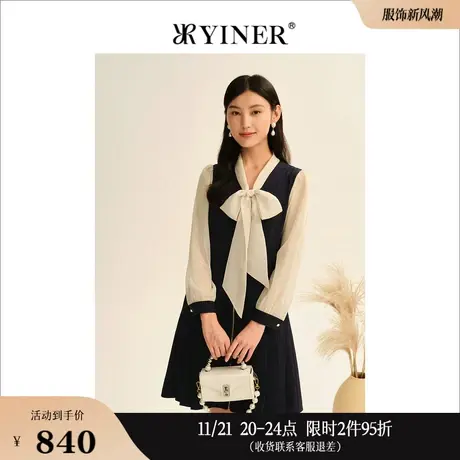 YINER音儿专选女装秋季时尚拼接蝴蝶结领飘带收腰A字连衣裙图片