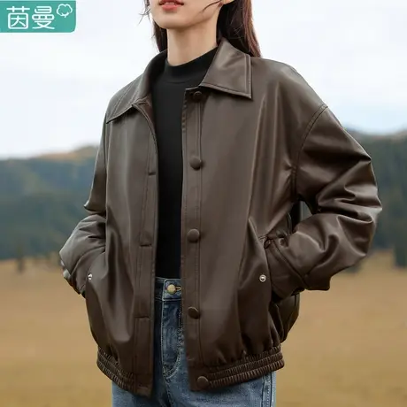 茵曼夹棉PU短外套女士2024新款小个子夹克皮衣棉衣棉袄秋冬季短款图片