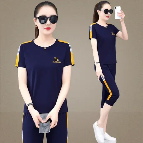 短袖休闲运动服套装女2023夏季新款洋气减龄中年妈妈七分裤两件套图片