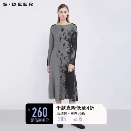 sdeer圣迪奥冬装圆领水墨晕染针织拼接连衣裙女S21481216图片